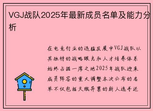 VGJ战队2025年最新成员名单及能力分析